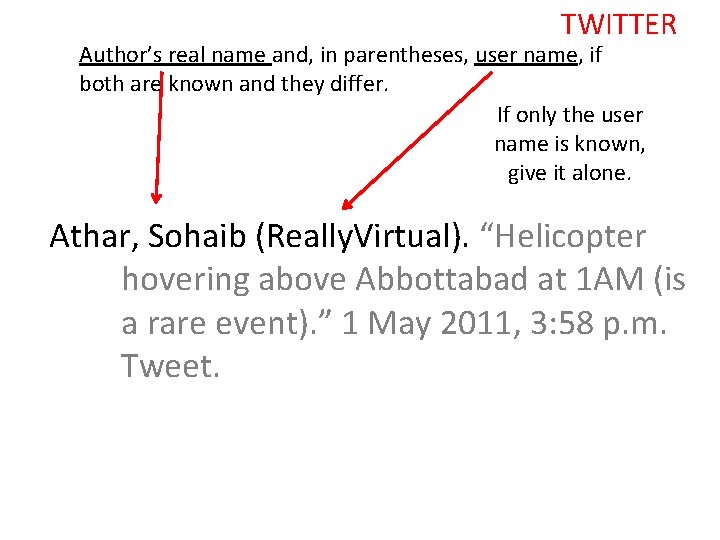 TWITTER Author’s real name and, in parentheses, user name, if both are known and