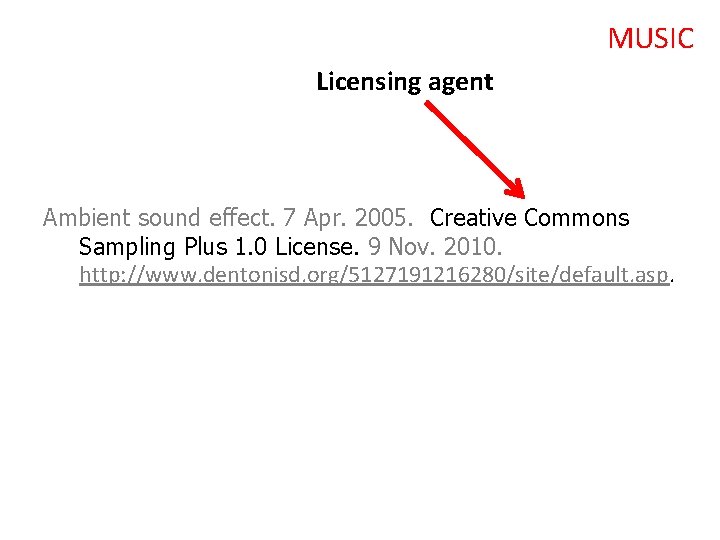 MUSIC Licensing agent Ambient sound effect. 7 Apr. 2005. Creative Commons Sampling Plus 1.