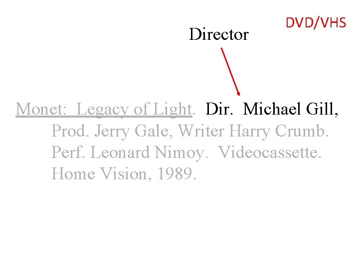 Director DVD/VHS Monet: Legacy of Light. Dir. Michael Gill, Prod. Jerry Gale, Writer Harry