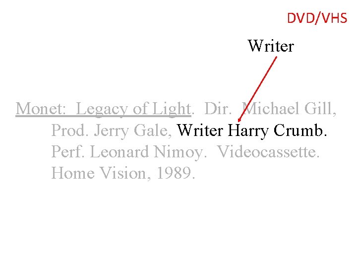 DVD/VHS Writer Monet: Legacy of Light. Dir. Michael Gill, Prod. Jerry Gale, Writer Harry