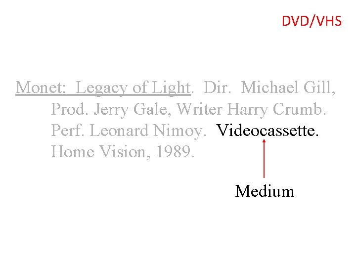 DVD/VHS Monet: Legacy of Light. Dir. Michael Gill, Prod. Jerry Gale, Writer Harry Crumb.