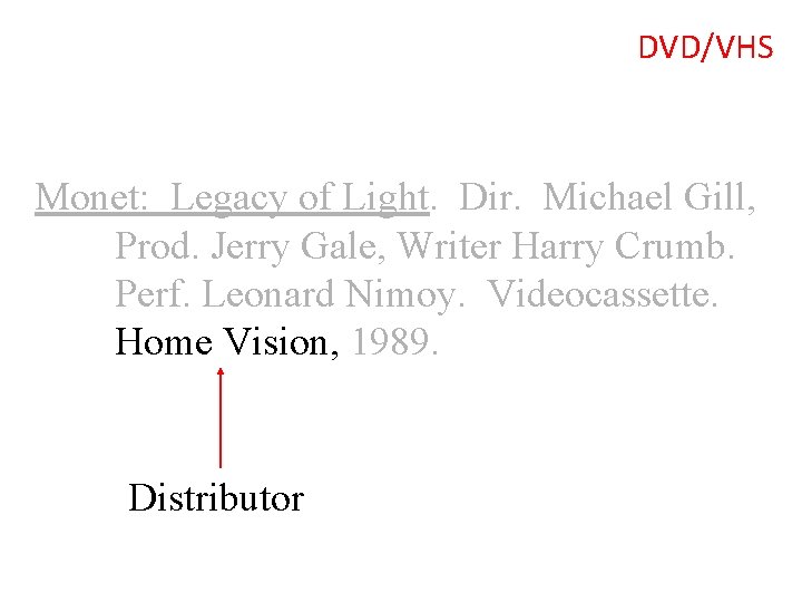DVD/VHS Monet: Legacy of Light. Dir. Michael Gill, Prod. Jerry Gale, Writer Harry Crumb.