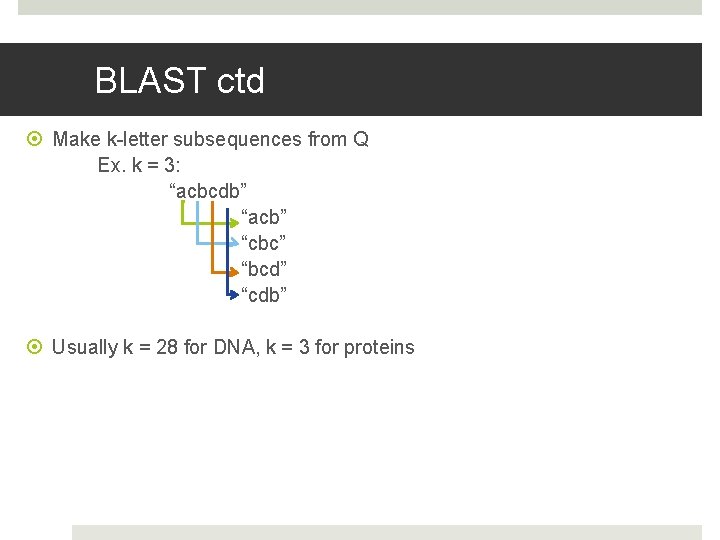BLAST ctd Make k-letter subsequences from Q Ex. k = 3: “acbcdb” “acb” “cbc”