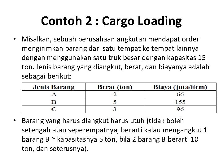 Contoh 2 : Cargo Loading • Misalkan, sebuah perusahaan angkutan mendapat order mengirimkan barang