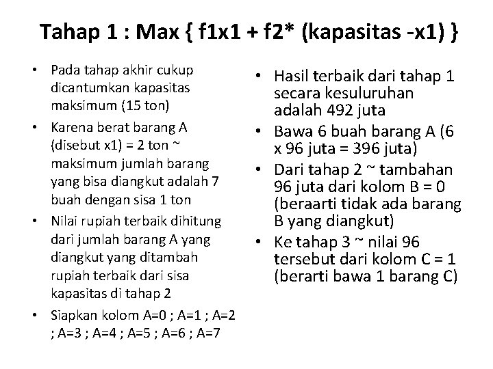 Tahap 1 : Max { f 1 x 1 + f 2* (kapasitas -x