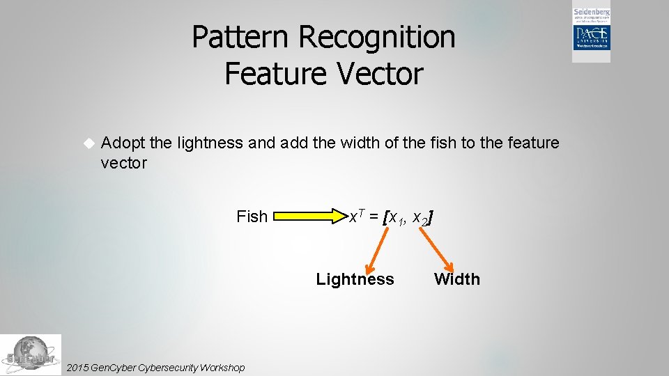 Pattern Recognition Feature Vector Adopt the lightness and add the width of the fish