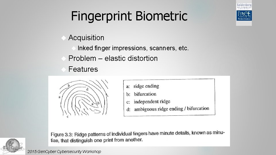 Fingerprint Biometric Acquisition Inked finger impressions, scanners, etc. Problem – elastic distortion Features 2015