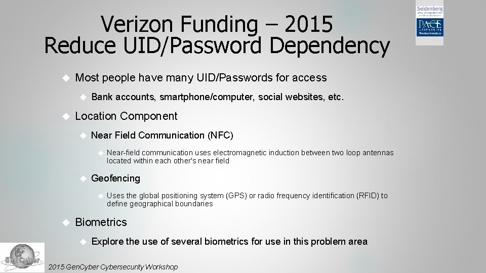 Verizon Funding – 2015 Reduce UID/Password Dependency Most people have many UID/Passwords for access