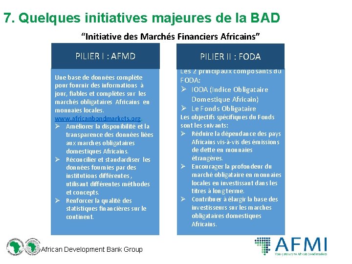 7. Quelques initiatives majeures de la BAD “Initiative des Marchés Financiers Africains” PILIER I