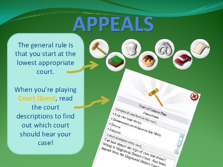 APPEALS The general rule is that you start at the lowest appropriate court. When