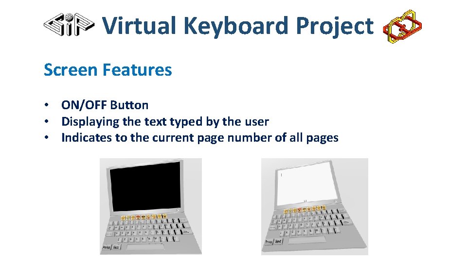 Virtual Keyboard Project Screen Features • ON/OFF Button • Displaying the text typed by