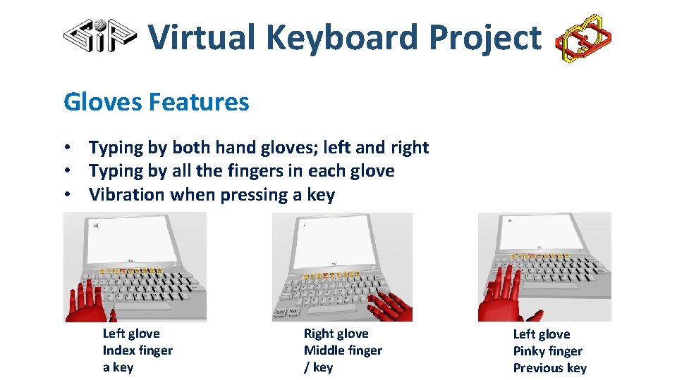 Virtual Keyboard Project Gloves Features • Typing by both hand gloves; left and right