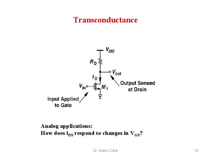 Transconductance Analog applications: How does i. DS respond to changes in VGS? Dr. Nasim