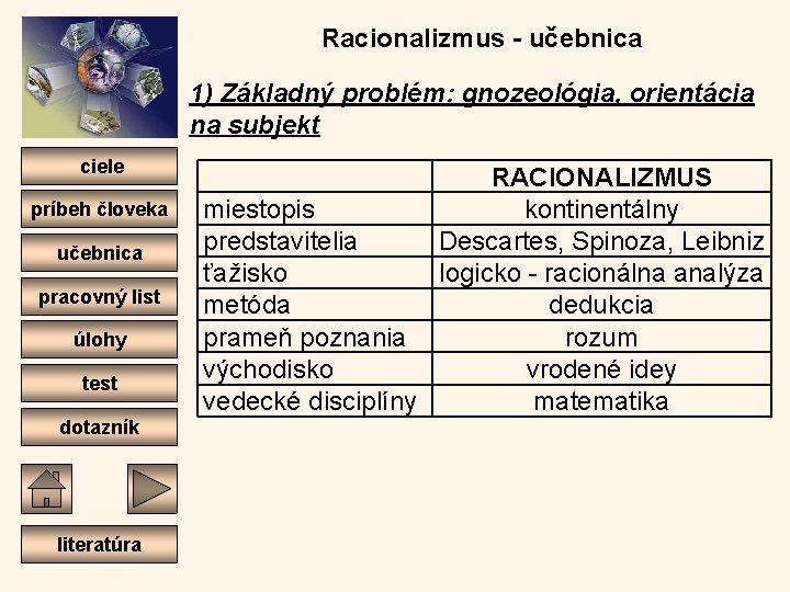 Racionalizmus - učebnica 1) Základný problém: gnozeológia, orientácia na subjekt ciele príbeh človeka učebnica