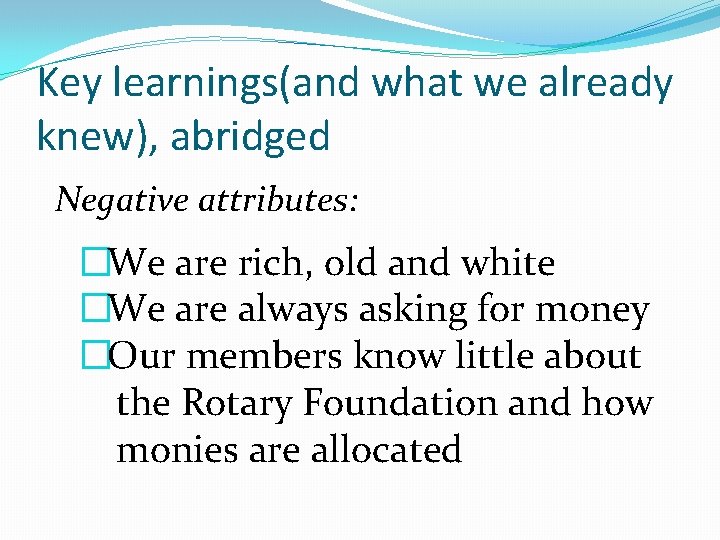 Key learnings(and what we already knew), abridged Negative attributes: �We are rich, old and