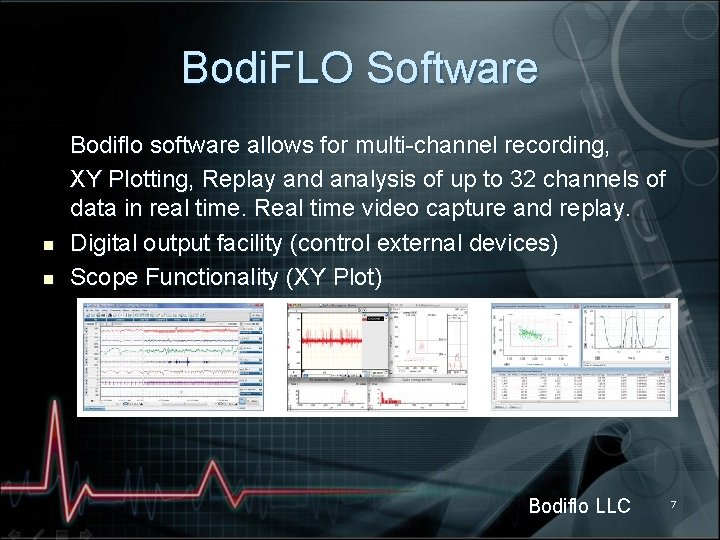 Bodi. FLO Software n n Bodiflo software allows for multi-channel recording, XY Plotting, Replay