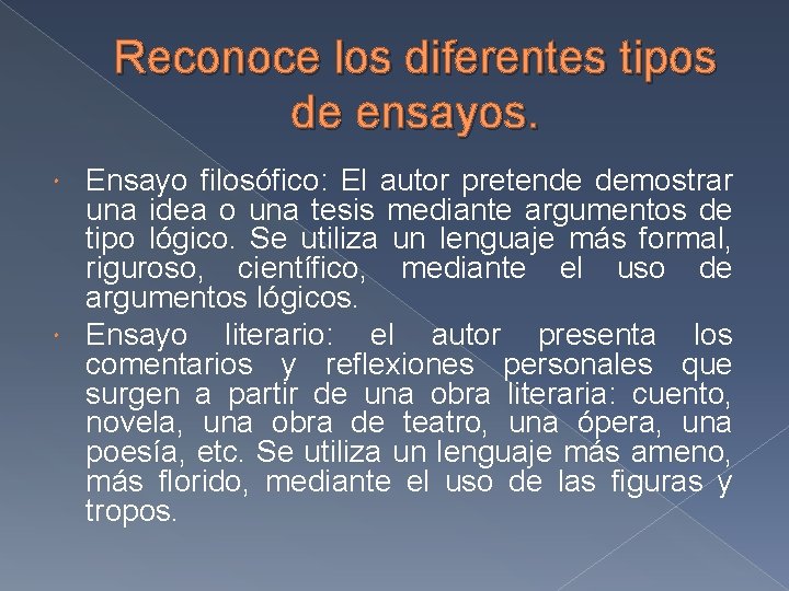 Reconoce los diferentes tipos de ensayos. Ensayo filosófico: El autor pretende demostrar una idea