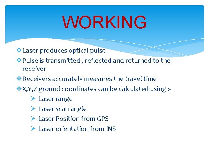 WORKING v. Laser produces optical pulse v. Pulse is transmitted , reflected and returned