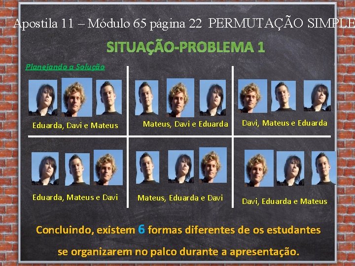 Apostila 11 – Módulo 65 página 22 PERMUTAÇÃO SIMPLE SITUAÇÃO-PROBLEMA 1 Planejando a Solução