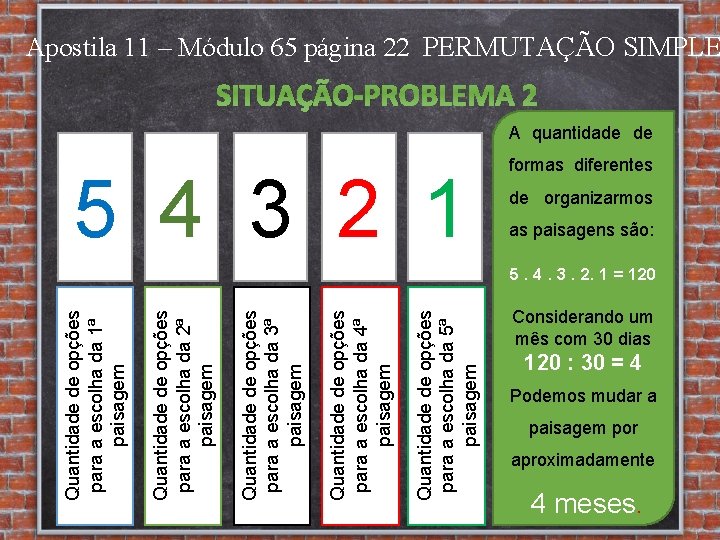 Apostila 11 – Módulo 65 página 22 PERMUTAÇÃO SIMPLE SITUAÇÃO-PROBLEMA 2 A quantidade de