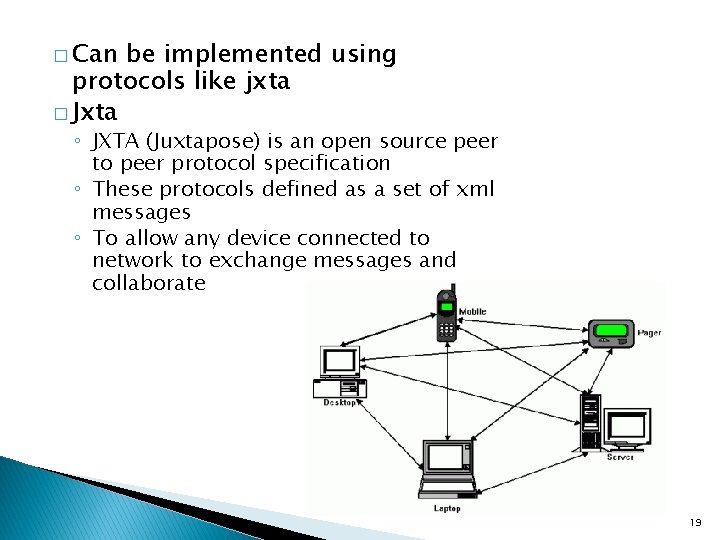 � Can be implemented using protocols like jxta � Jxta ◦ JXTA (Juxtapose) is