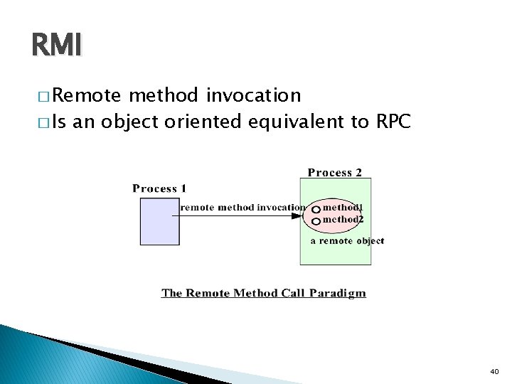 RMI � Remote method invocation � Is an object oriented equivalent to RPC 40