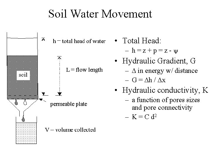 Soil Water Movement • Total Head: – h=z+p=z- • Hydraulic Gradient, G – in