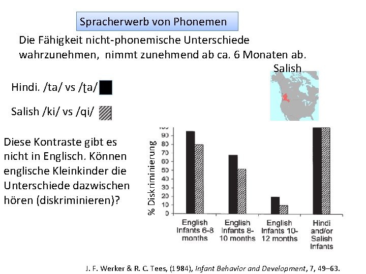 Spracherwerb von Phonemen Die Fähigkeit nicht-phonemische Unterschiede wahrzunehmen, nimmt zunehmend ab ca. 6 Monaten