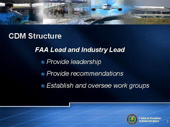 CDM Structure FAA Lead and Industry Lead Provide leadership Provide recommendations Establish and oversee