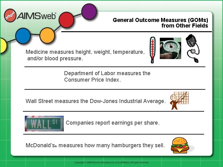 General Outcome Measures (GOMs) from Other Fields Medicine measures height, weight, temperature, and/or blood