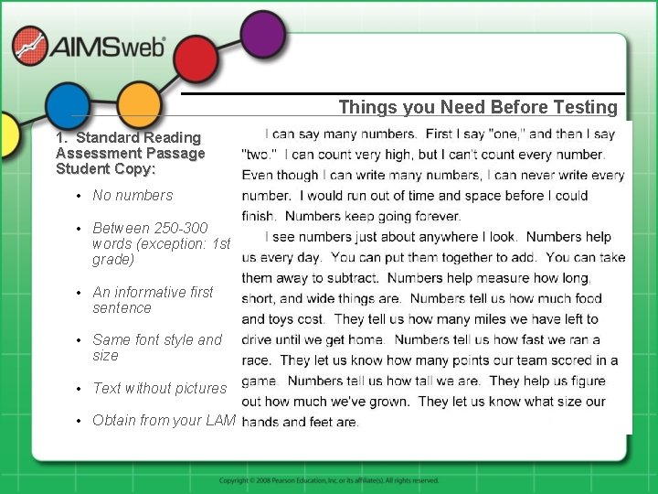 Things you Need Before Testing 1. Standard Reading Assessment Passage Student Copy: • No