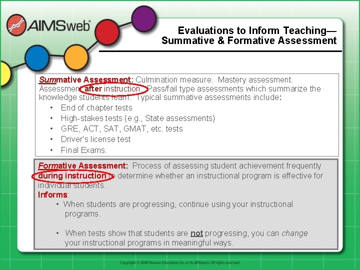 Evaluations to Inform Teaching— Summative & Formative Assessment Summative Assessment: Assessment Culmination measure. Mastery