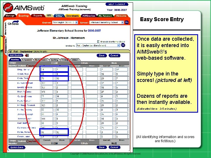 Easy Score Entry Once data are collected, it is easily entered into AIMSweb®’s web-based