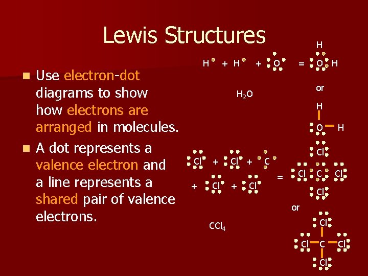 Lewis Structures Use electron-dot diagrams to show electrons are arranged in molecules. n A