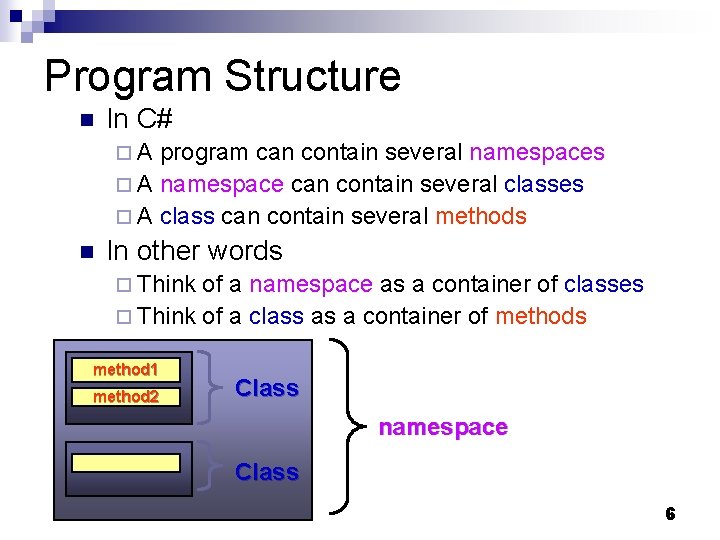Program Structure n In C# ¨A program can contain several namespaces ¨ A namespace