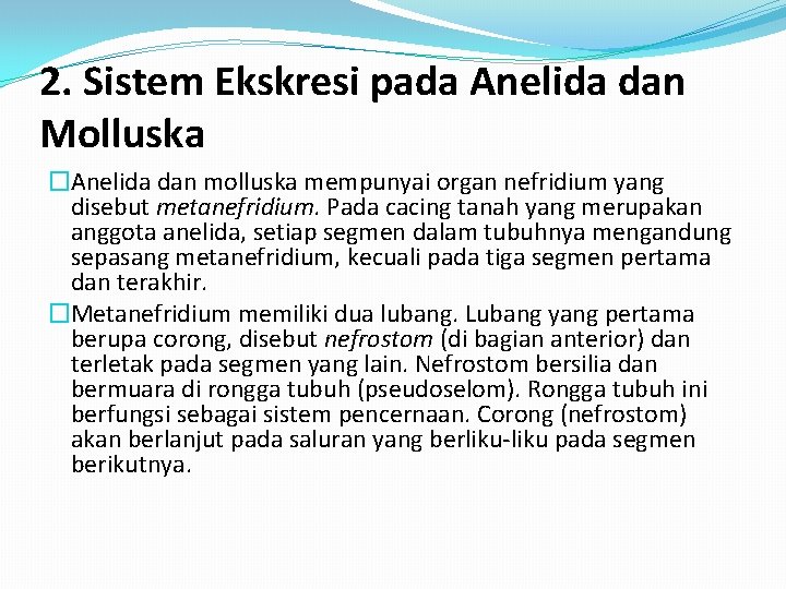 2. Sistem Ekskresi pada Anelida dan Molluska �Anelida dan molluska mempunyai organ nefridium yang