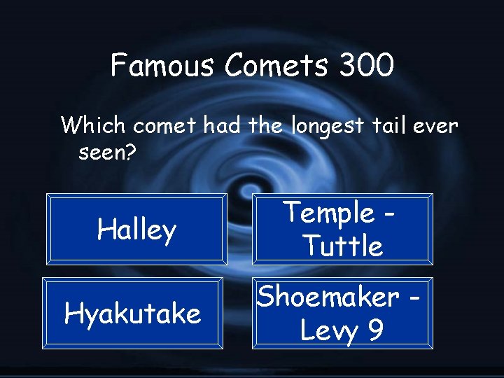 Famous Comets 300 Which comet had the longest tail ever seen? Halley Temple Tuttle