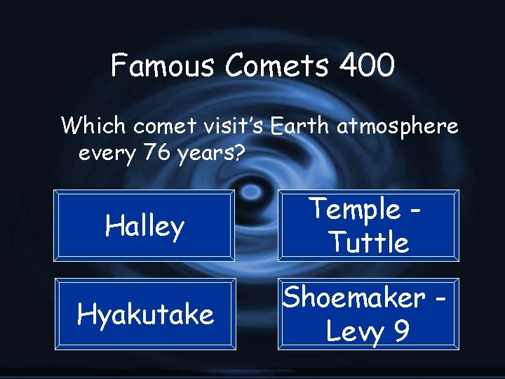 Famous Comets 400 Which comet visit’s Earth atmosphere every 76 years? Halley Temple Tuttle