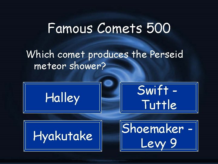 Famous Comets 500 Which comet produces the Perseid meteor shower? Halley Swift Tuttle Hyakutake