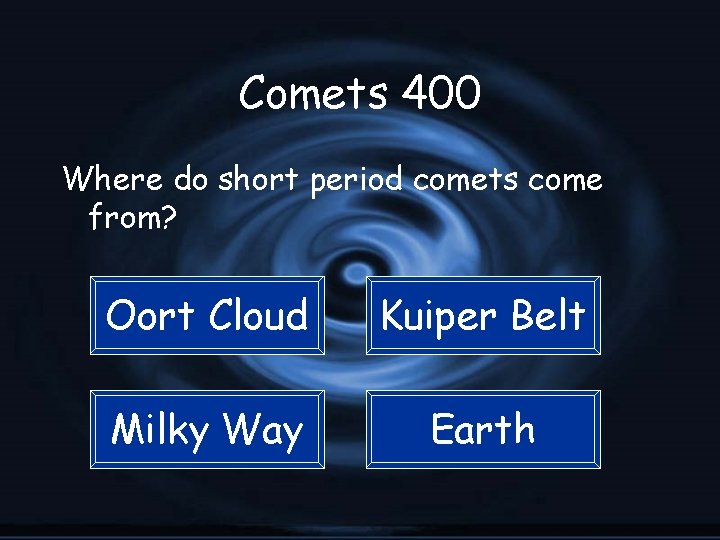 Comets 400 Where do short period comets come from? Oort Cloud Kuiper Belt Milky