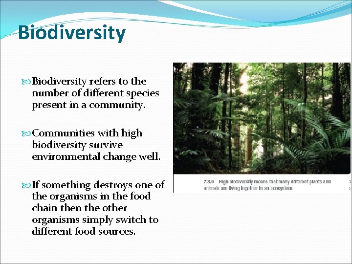Biodiversity refers to the number of different species present in a community. Communities with