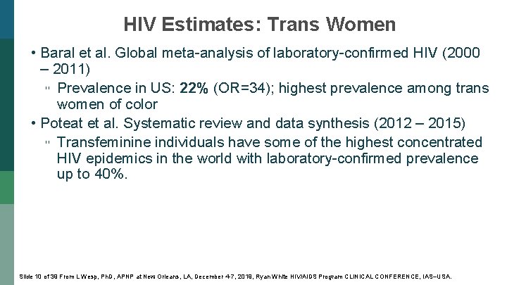 HIV Estimates: Trans Women • Baral et al. Global meta-analysis of laboratory-confirmed HIV (2000