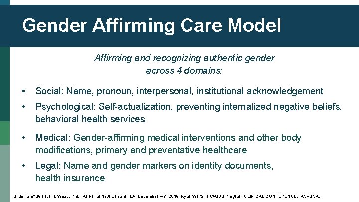 Gender Affirming Care Model Affirming and recognizing authentic gender across 4 domains: • Social: