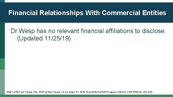Financial Relationships With Commercial Entities Dr Wesp has no relevant financial affiliations to disclose.