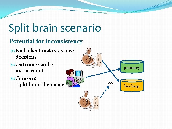 Split brain scenario Potential for inconsistency Each client makes its own decisions Outcome can