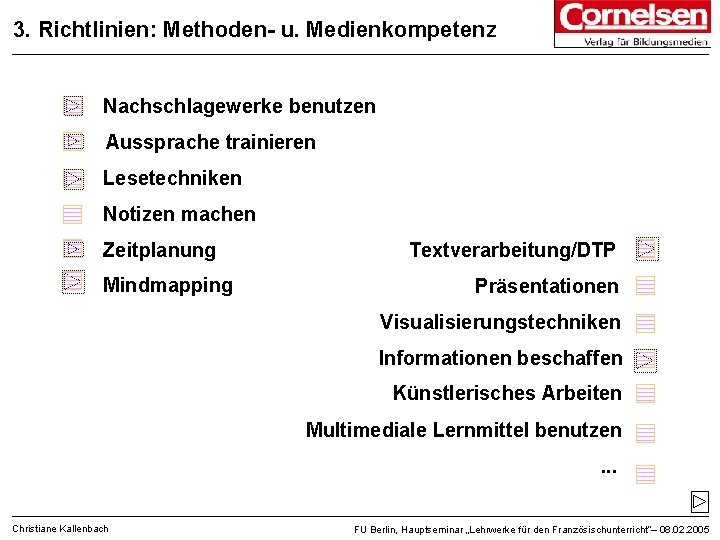 3. Richtlinien: Methoden- u. Medienkompetenz Nachschlagewerke benutzen Aussprache trainieren Lesetechniken Notizen machen Zeitplanung Mindmapping