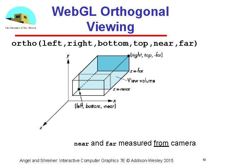 Web. GL Orthogonal Viewing ortho(left, right, bottom, top, near, far) near and far measured