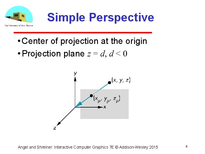 Simple Perspective • Center of projection at the origin • Projection plane z =