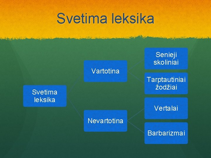 Svetima leksika Senieji skoliniai Vartotina Tarptautiniai žodžiai Svetima leksika Vertalai Nevartotina Barbarizmai 