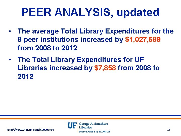 PEER ANALYSIS, updated • The average Total Library Expenditures for the 8 peer institutions